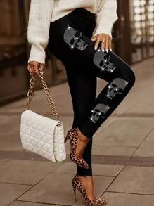Plus Size Women Skull Rhinestones Decorated Leggings