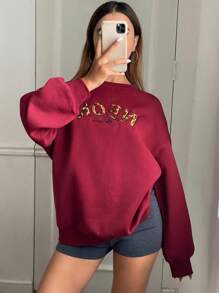 DAZY Women's Loose Fit Letter Embroidered Crew Neck Sweatshirt,Fall Women Clothes - Red - View 5