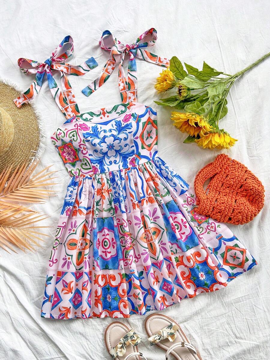 Soleia Colorful A-Line Flounce Hem Tie Front Mini Dress With Sicilian Print, Casual Vacation 70s Outfit,Fall Women Clothes,Thanksgiving Women Outfit,Homecoming,Party Women Dress,Halloween Outfit,Fairy Costume Dress - Multicolor - View 1