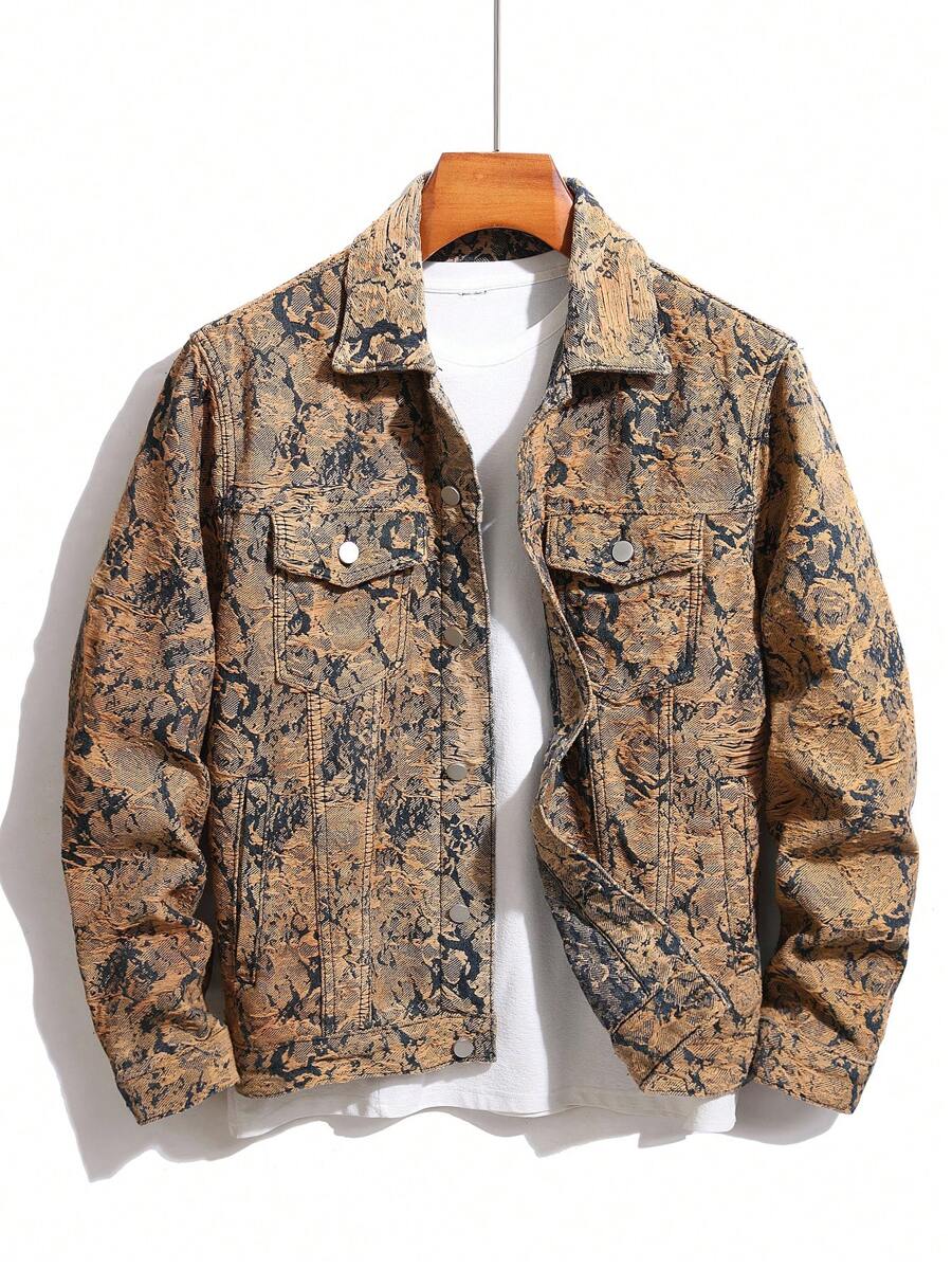 Manfinity Homme 男式全印花纽扣前口袋休闲长袖牛仔夹克 - 彩色 - 查看 1