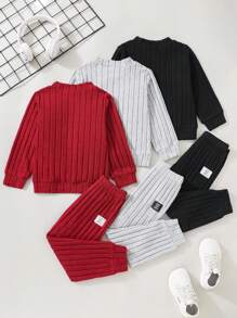 SHEIN Playful Pals 女童 3 件組羅紋針織服裝套裝，純色長袖上衣與運動長褲組合，柔軟羅紋秋冬休閒日常穿著套裝 - 彩色 - 查看 2
