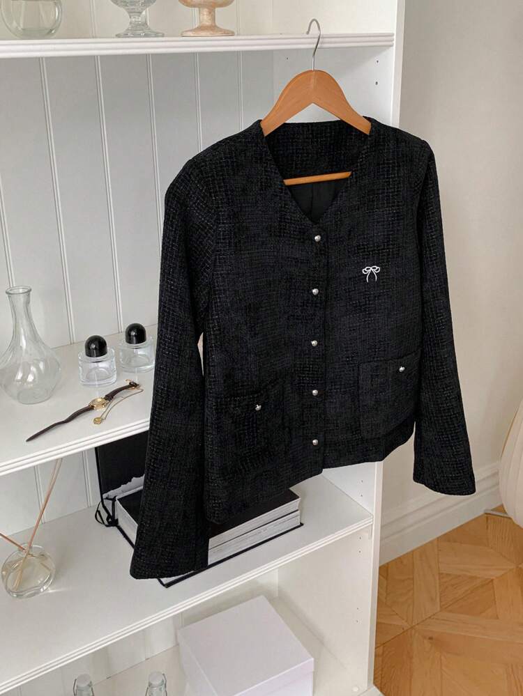 Women's Bow Embroidery Front Button Elegant Long Sleeve Jacket