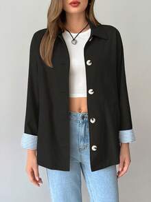 SHEIN Unity Chaqueta informal de mujer de longitud midi oversize con bloques de color y rayas - Negro - Ver 6