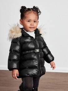 女婴可爱纯色保暖内衬连帽夹克，秋冬