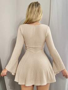 Sweetina Solid Color Square Neck Flare Sleeve Mini Y2K Fall Women  Long Sleeve Going Out Dress, Spring Autumn - Apricot - View 2