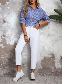 Casual Solid Color Tapered Pocket Fashion Relaxed Fit Jeans - White - View 2