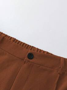 SHEIN Unity Plus Size Solid Color Button Pleated Straight Leg Dress Pants - Brown - View 4