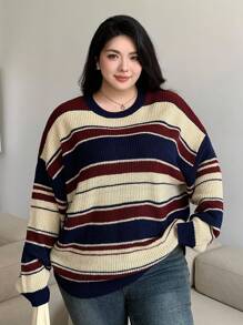 Dazy Plus Plus Size Women's Plus Size Striped Long Sleeve Loose Knitted Pullover Sweater, For Fall/Winter - Multicolor - View 7