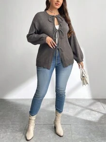 SHEIN Privé Plus Size Casual Elegant Simple Gray Long Sleeve Crew Neck Tie Cardigan For Women, Fall/Winter