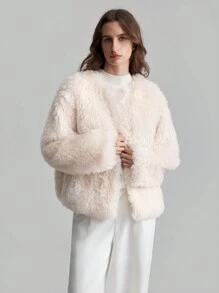 Ontre Women's Long Sleeve Round Neck Fluffy Jacket, Apricot Color Furry Long Coat For Autumn/Winter