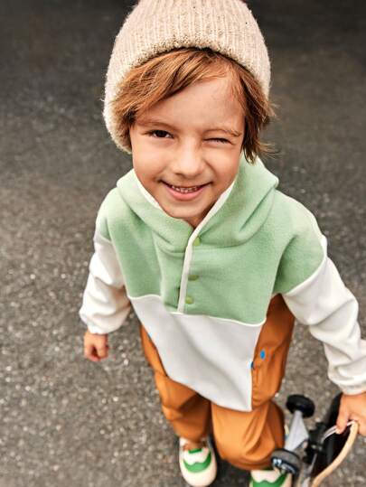 SHEIN 2 件套年轻男童秋冬休闲拼接连帽衫套头衫和裤子套装