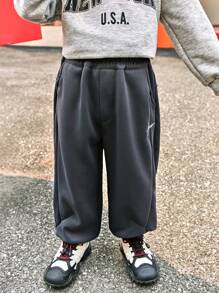SHEIN Fashionable Outdoor Style Young Boy Letter Embroidered Patchwork Casual Long Pants, Suitable For Outgoing And Daily Wear - Dark Grey - View 2