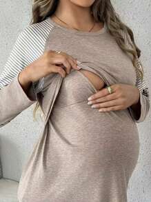 SHEIN 孕妇圆领插肩袖长袖条纹豹纹休闲哺乳 T 恤 - 彩色 - 查看 3