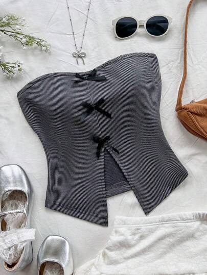 Soleia 女士度假针织抹胸，休闲合身款式，前部中央饰有别致的蝴蝶结，下摆前开衩，适合派对或下午茶，秋冬分层穿着