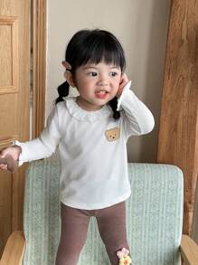 SHEIN 3 pièces Ensemble de hauts à manches longues avec col montant et broderie, style décontracté pour nouveau-nés et bébés filles, printemps automne