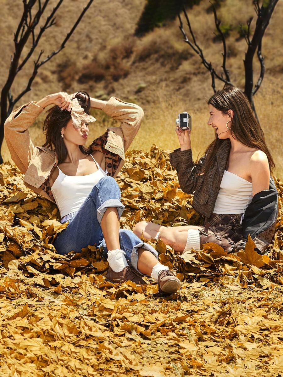 SHEIN EZwear 秋冬季保暖内衬豹纹撞色翻领灯芯绒休闲宽松卡其色外套，秋季 - 卡其色 - 查看 1