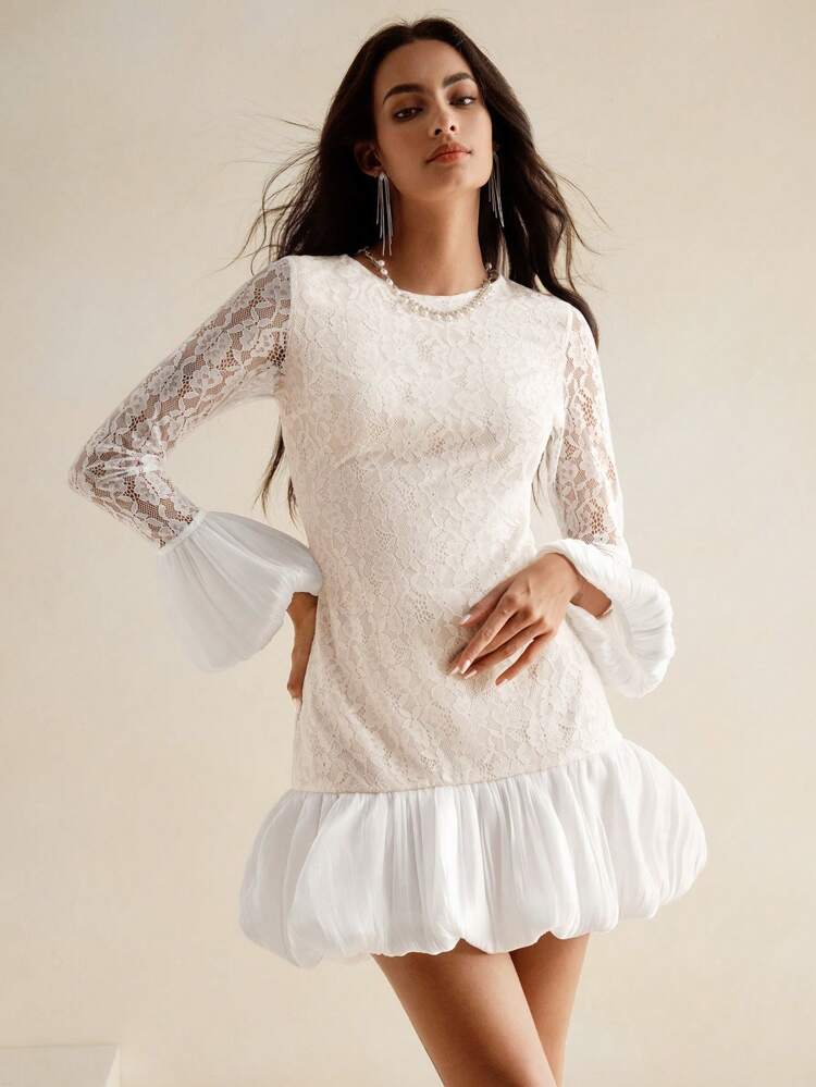 Women's Vintage Lace Long Sleeve Stretch Mid-Length Dress