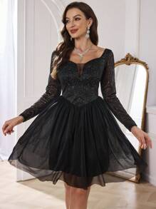 SHEIN Belle 优雅长袖女士舞会礼服，带心形领口和网眼嵌件（装饰设计），半正式舞会礼服，适合生日、婚礼嘉宾、毕业典礼返校节 - 黑色 - 查看 7