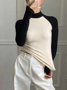 Livesso Color Block High Neck Long Sleeve Fitted Women T-Shirt