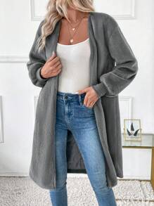 SHEIN LUNE Women's Open Front Fluffy Long Cardigan Fluffy Regular Sweater Thermal Fall Cloth For Women - Grey - View 1