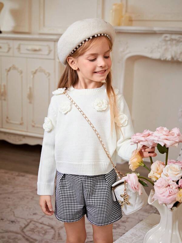 SHEIN 年轻女孩 3D 花卉装饰针织毛衣和千鸟格印花短裤 2 件套