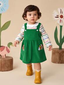 SHEIN Outfit da 2 pezzi per bimba: Blusa con colletto arricciato a righe colorate e maniche a palloncino + Grembiule in velluto a coste con ricamo animale a linea A, Set casual autunnale - Verde - Visualizzare 5