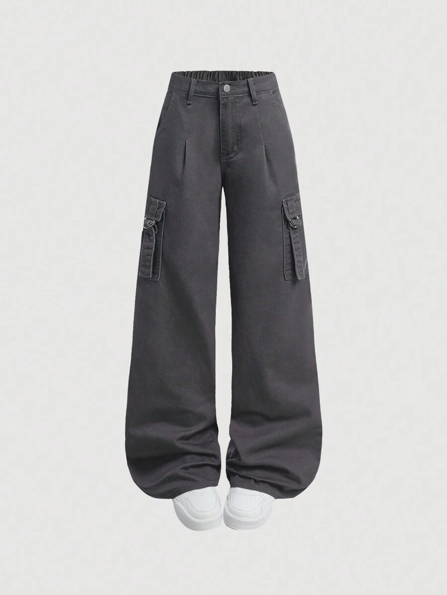 SHEIN Teen Girl Deep Grey Denim Low Waist Straight Leg Cargo Pants - Dark Grey - View 1