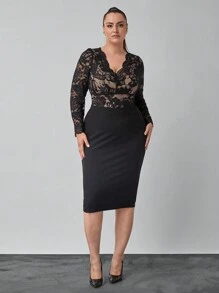 SHEIN Clasi Plus Size Women  Lace Patchwork High Waist Elegant Office & Party Dress - Black - View 4