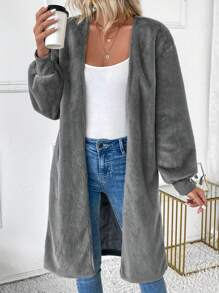SHEIN LUNE Women's Open Front Fluffy Long Cardigan Fluffy Regular Sweater Thermal Fall Cloth For Women - Grey - View 3