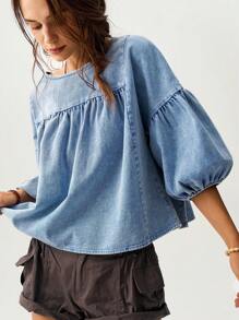 Bohemela Loose Fit Green Women's Vacation Puff Sleeve Shirt