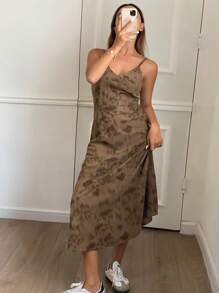 DAZY Ärmellose Damen Maxikleid mit Blume Muster und Reißverschluss, Herbstmode