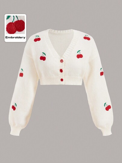 Kawaii Cherry Embroidery Lantern Sleeve Crop Cardigan, School,Long Sleeve Tops
