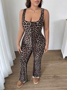 SHEIN EZwear Plus Size Elastic Leopard Print Sleeveless Jumpsuit - Multicolor - View 6