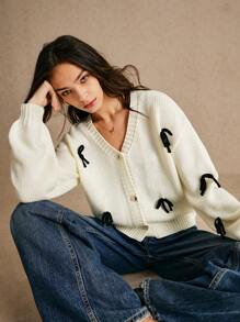 Poéselle White Bow Sweater Cardigan,Casual Bow Decor Knitted Cardigan, Fall Women Clothes,Winter Women Clothes,Black Stereoscopic Bow Decorated Cardigan Sweater,Warm And Comfortable, Suitable For Daily Street, Commute, Holiday, Home Wear FW24