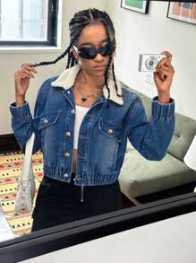 SHEIN Explorewe Teens/Teen Girl's Loose Fluffy Collar Y2K Personalized Denim Jacket