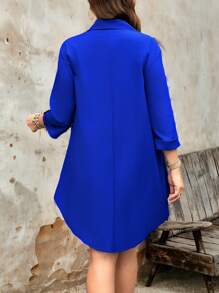 大码女式纯色卷袖休闲衬衫裙，春/秋 - 寶藍色 - 查看 6
