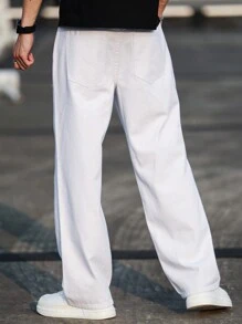 Manfinity Hypemode 男士宽松直筒休闲牛仔裤，带口袋，纯色长款水洗白色直筒工装牛仔裤，轻便牛仔裤，适合丈夫、男朋友的礼物，男士白色裤子，男士宽松直筒休闲裤，男士宽松牛仔裤，外出休闲，城市工作通勤 - 白色 - 查看 2