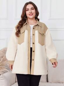Lacomfia Plus Size Women's Houndstooth Patchwork Plus Fleece Thick Drop Shoulder Long Sleeve Casual Loose Jacket, Autumn/Winter Fall Cloth For Women - Beige - View 3