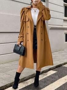 SHEIN Unity Plus Size Women's Solid Color Double Breasted Bubble Sleeve Elegant Trench Coat, Spring/Autumn Fall Cloth For Women