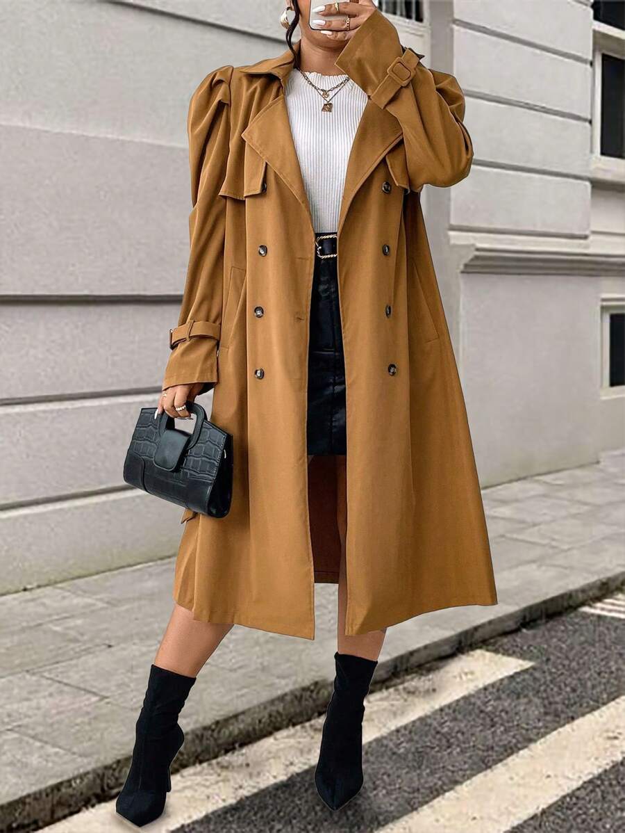 SHEIN Unity Plus Size Women's Solid Color Double Breasted Bubble Sleeve Elegant Trench Coat, Spring/Autumn Fall Cloth For Women