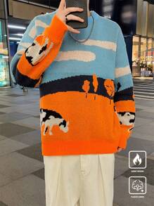 Claim Dot Men's Contrast Color Graphic Print Crew Neck Long Sleeve Sweater