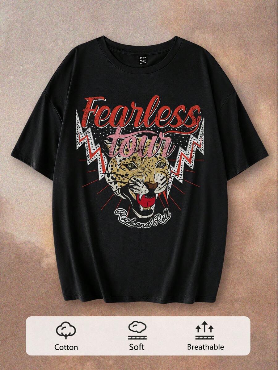 Tseoso 大码休闲宽松字母豹纹落肩圆领短袖 T 恤女款，适合夏季 - 黑色 - 查看 1