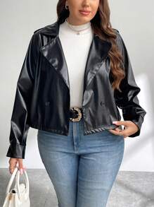 SHEIN Privé Áo khoác da ngắn cài nút phía trước ve xe máy thường ngày, thanh lịch cỡ lớn cho nữ Áo khoác ngoài dài tay thời trang hàng ngày - màu đen - Xem 4