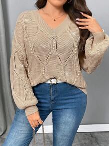 SHEIN Privé Plus Size Women V-Neck Long Sleeve Apricot See-Through Hollow Out Twisted Texture Beaded Sweater Top
