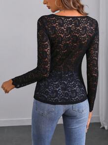 EMERY ROSE Women's Simple Solid Lace Patchwork Crew Neck Long Sleeve Casual T-Shirt Fall Cloth For Women - Black - View 2
