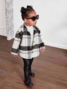 SHEIN Bộ 3 món áo khoác kẻ caro cho bé gái, quần da PU, áo cổ lọ đan, mùa thu/đông - Đen và trắng - Xem 9