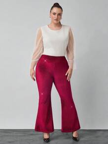 SHEIN Clasi Plus Size Women's Red Velvet Sparkly Flared Pants For Party - Burgundy - View 6