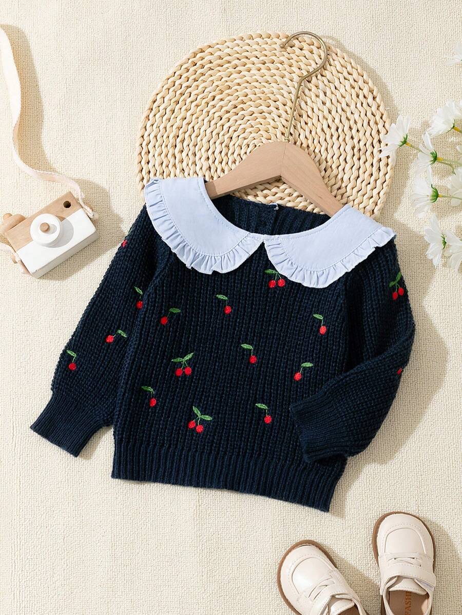 Baby Girl Embroidered Cherry Crew Neck Sweater, Autumn - Navy Blue - View 1
