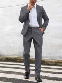 Manfinity Mode 2 件装男士纯色单排扣西装外套和长裤套装男士西装和长裤 - 深灰色 - 查看 4