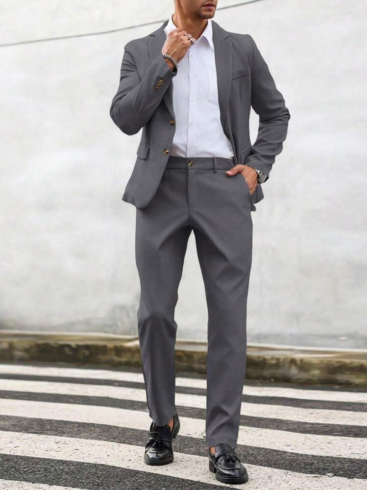 Manfinity Mode 2 Stücke Herren einfarbiger Anzug mit Sakko und Hose, Herrenanzug mit Hose - Dunkelgrau - Übersicht 4